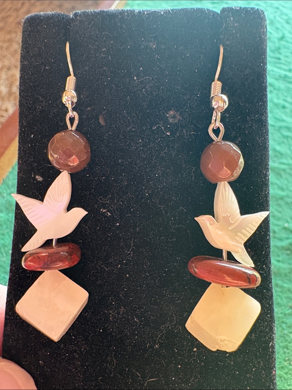 Handcrafted Nacre Dove Drop Earrings with Quartz and Jasper